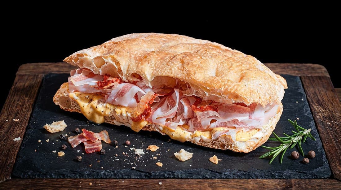 Focaccia CYBUS farcita con salumi, crema e pomodori secchi, servita su ardesia